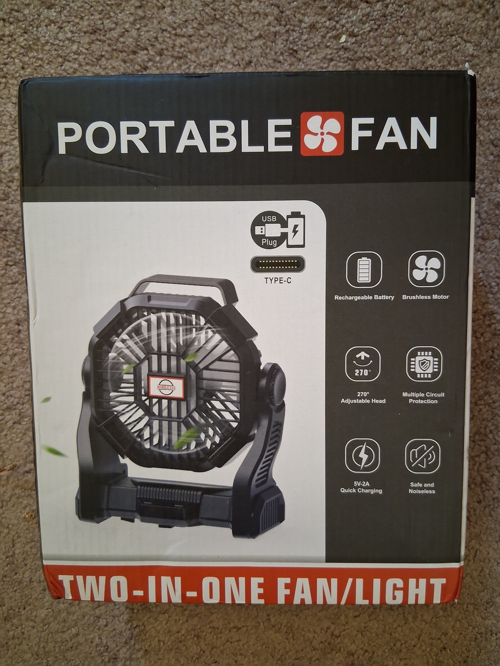 Portable Fan with LED Light – Rechargeable USB-C Camping/Desk Fan (Model X23)